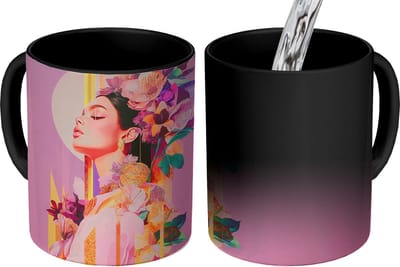 Magische Mok - Foto op Warmte Mokken - Koffiemok - Vrouw - Bloemen - Paars - Abstract - Magic Mok - Beker - 350 ML - Theemok
