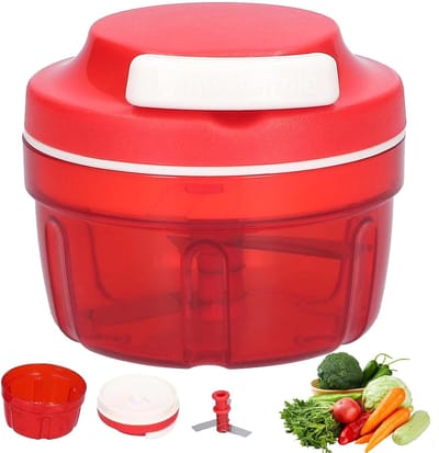 TEKROA® Multifunctionele Hakmolen met Trekkoord - Handmatige Uiensnijder & Groentesnijder voor Salade en Noten - RVS Mesjes