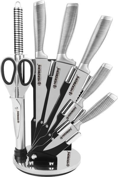 Herzberg Cooking Herzberg Hg-Skn8: 8-Delige Rvs Messenset + 360° Inklapbare En Draaibare Acrylstandaard Rood