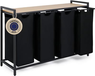 REN® Wasmand 4 Vakken - Wasmand - Wassorteerder - Zwart - 36cm x 111cm x 73cm