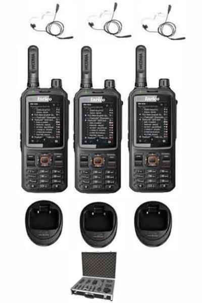 Set van 3 Inrico T320 V2 4G LTE Zello Portofoon, GPS, Wifi met tafellader beveiliging oortje en koffer