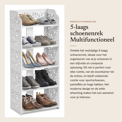 Dailygoods- Schoenenrek 5-laags - Wit - Multifunctioneel - Robuust PVC - Opbergruimte voor 10 paar schoenen - Effectieve organisatie - Schoenenopberger
