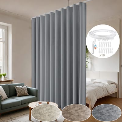 MUPOO Verduisterend Gordijn Set – Flexibele Rail, Licht-, Geluid- en Warmtewerend – Stijlvolle Kamerafscheiding voor Woonkamer & Slaapkamer – Inclusief Gratis Montageset, 1 Stuk – Grijs, 254×274 cm