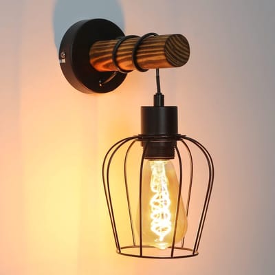 NETTLIFE Wandlamp - Hout - E27 Fitting - zwart - 13CM - Vintage Wandverlichting - met Schakelaar - industriële Wandspot - Metaal - voor Woonkamer | Slaapkamer | Gang | Restaurant - Zonder lamp