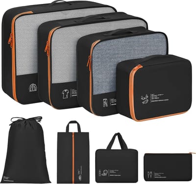 Koffer Organizer Set, Packing Cubes für Kleidung, Packtaschen für koffer, Wasserfester Kleidertaschen Travel Organizer mit Kosmetiktasche, Schuhbeutel (8, Schwarz)