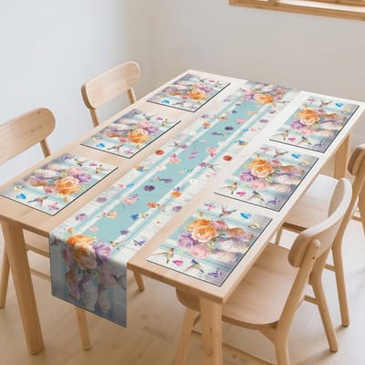 Tafelloper en placemats set van 6 - vintage bloemen en kolibries - wasbaar materiaal - lente en zomer decoratie - ShopVlot