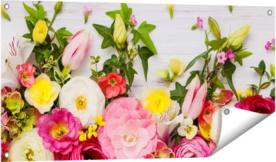 Gards Tuinposter Bloemen op een Witte Houten Achtergrond - 100x50 cm - Tuindoek - Tuindecoratie - Wanddecoratie buiten - Tuinschilderij