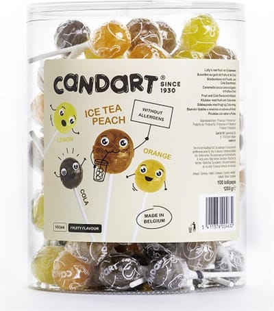 Candart Cola Lollies in tubo 100x12g - 3 smaken lolly - cola - orange - ice tea peach - in display