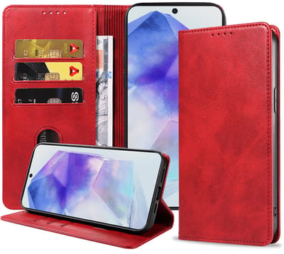 Smartphonica Telefoonhoesje Geschikt voor Samsung Galaxy A55 Kunstleer met Magnetische sluiting en Pasjeshouders Bookcase met Klepje - Rood geschikt voor Samsung Galaxy A55
