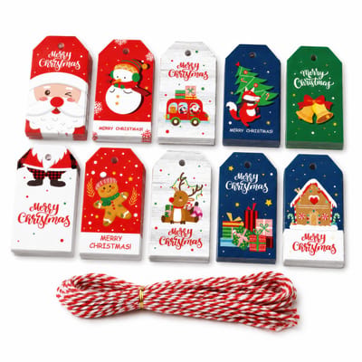 50 Kerst Kraft Karton Cadeau Labels met 50 Jute Touwtjes - Kartonnen Kerstkaarten - Cadeaulabels Kerstmis Versiering Maken - Kerstversiering Decoratie voor Binnen - Kleine Kraftpapier Etiketten - Prijskaartjes\Prijslabels Koord