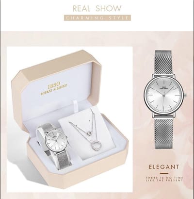 Boerni Aibisino Horloge en Ketting Zilver kleur luxe geschenk set | Crystal glass | Premium kwaliteit uurwerk Quartz Japan | Mineraal | Geschenk | Fashion | Elegant | Dames | Vrouw |  Black Friday