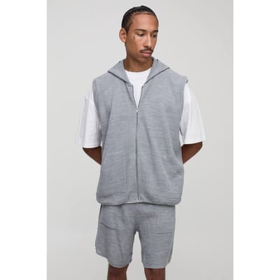 Oversized Fit Geribbelde Gebreide Hoodie met doorlopende rits en Shorts Set | Light Grey | Size XS