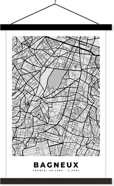 Posterhanger incl. Poster 40x60 cm - Schoolplaat - Bagneux – Plattegrond - Frankrijk – Kaart – Stadskaart - Textielposter - Zwarte latten - Stadskaart