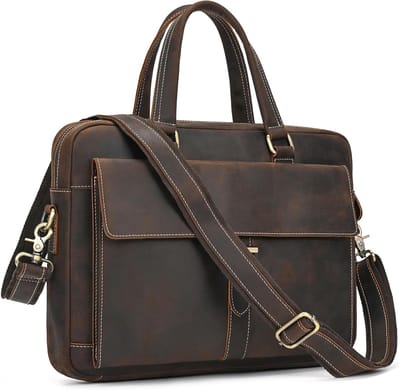 Grote Leren Laptoptas voor Mannen met Afneembare Schouderband, Geschikt voor 15.4 Inch Laptops, Professionele Schoudertas en Documententas met Extra Laptop Sleeve, Donkerbruin