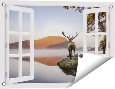 Gards Tuinposter Doorkijk Hert bij een Meer - 60x40 cm - Tuindoek - Tuindecoratie - Wanddecoratie buiten - Tuinschilderij