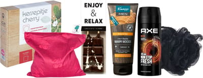 Kneipp Cadeauset Warme Kerst Chocolade & Warmtekussen Men Warm Woods - Kersepittje Warmtekussen Classic 27x27cm - Kneipp Douche 200 ml FM 2in1 Warm Woods - Axe Deo Spray 150 ml Musk