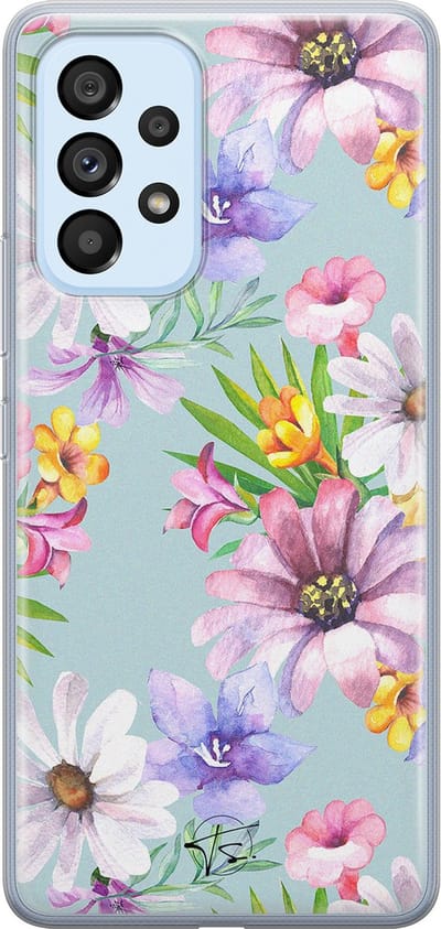 Hoesje geschikt voor Samsung Galaxy A33 - Mint bloemen - Soft Case - TPU - Bloemen - Blauw - Mooie Telefoonhoesjes