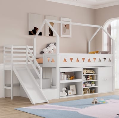 FloraGrace Hoogslaper 90x200 cm – Met Glijbaan en Trap – Met Schubladen en Opbergkast – Kinderbed Zonder Matras – Hout en MDF – Wit