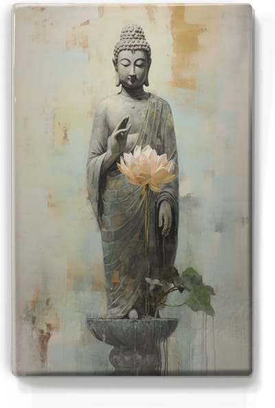 Boeddha met bloemen - Laqueprint - 19,5 x 30 cm - Niet van echt te onderscheiden handgelakt schilderijtje op hout - Mooier dan een print op canvas. - LP508