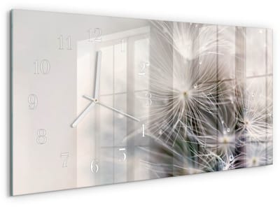 Tulup Wandklok - Paardebloem Gekleurde Glazen Klok - 60x30 cm - Grijs Glazen Klok Met Print - Witte Handen - Rechthoekige Wandklok - Klok Glas Met Opdruk - Moderne Wandklok Glas