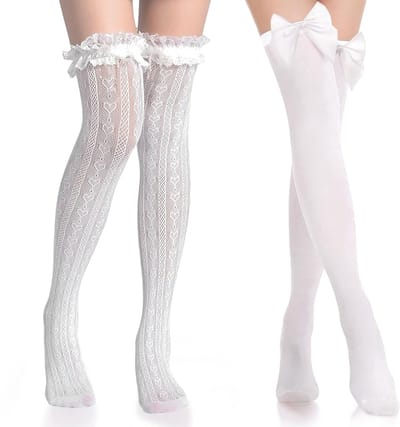 Dailygoods- Hold-up Kousen 2 Paar - Witte Dijhoge Kousen - Anti-slip Sok - Satijnen Strik - Ademend Materiaal - Zacht en Duurzaam - Dijhoge Sokken