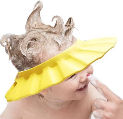 Oneay 1 stuk - Verstelbare babyshampoo-muts - Hoofdbescherming voor het wassen en baden van het haar - Badmuts voor peuters/kinderen (geel, 30 cm)