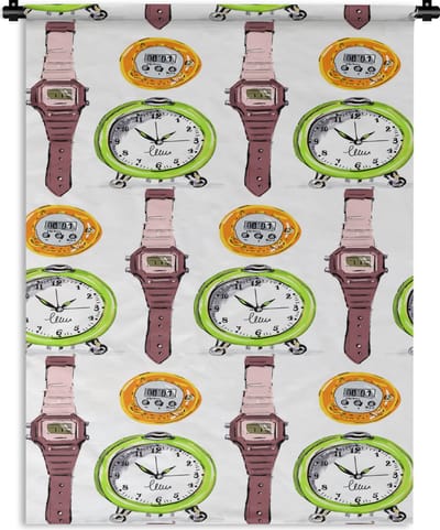 Wandkleed - Wanddoek - Wekker - Horloges - Stopwatch - Patronen - 90x120 cm - Wandtapijt
