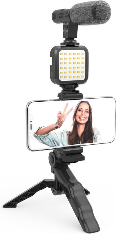 DigiPower Vlog Kit "Like Me" DP-VLG2K | Smartphone houder, Light 36 LED, Stereo Shotgun Microfoon, Tripod met Grip