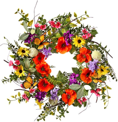 Viv! Home Luxuries Krans Bloemen - Zomerbloemen met vlinders - rood paars roze geel groen - Ø55cm