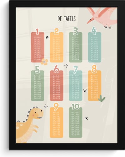 Poster in lijst - Fotolijst 30x40 cm - Posters - Tafels van vermenigvuldiging - Educatief - Leren rekenen voor kinderen - Cijfers oefenen - Dinosaurus - Posterlijst zwart - Kamer decoratie - Wanddecoratie kinderkamer - Muurdecoratie babykamer