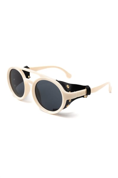 KIMU® Motor Ronde Zonnebril - Beige Montuur Zijkanten - Zwarte Glazen - Volwassenen Kunststof Vintage Piloot Amerikaans Aviator Retro Festival