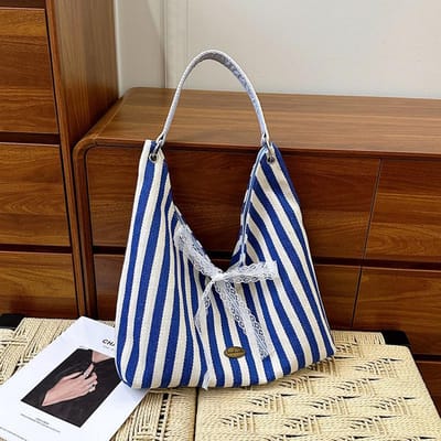 Nieuwe Zomer Gestreepte Dubbelzijdige Schoudertas voor Dames met Strik Canvas Tas Casual Grote Capaciteit Eenvoudige Letter Tote Bag brown