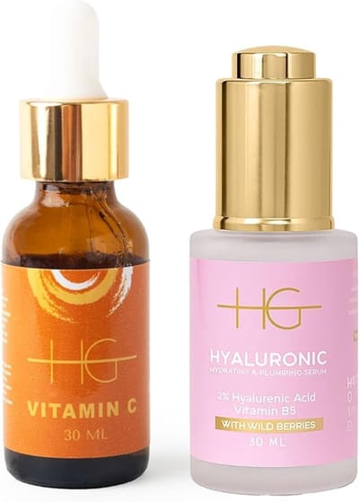HG AESTHETICS Perfect Duo – 2% Hyaluronzuur Serum met Vitamine B5 30 ml + 7% Vitamine C Brightening Booster Serum met Bakuchiol 30 ml – Hydratatie, Verheldering & Anti-Aging - cadeautje vrouw
