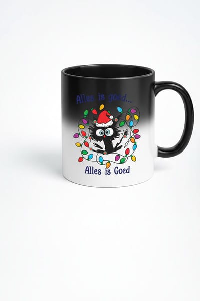 Alles Is Goed Black Magic Mok 330ml – Zwarte Keramische Koffiemok met Schattige Uil & Kerstverlichting – Grappig Nederlands Feestdagen Cadeau