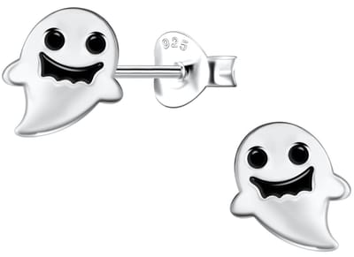 Joy|S - Zilveren spook oorbellen - 7 x 8 mm - sterling zilver 925 met zwarte accentjes - kinderoorbellen - halloween oorknoppen