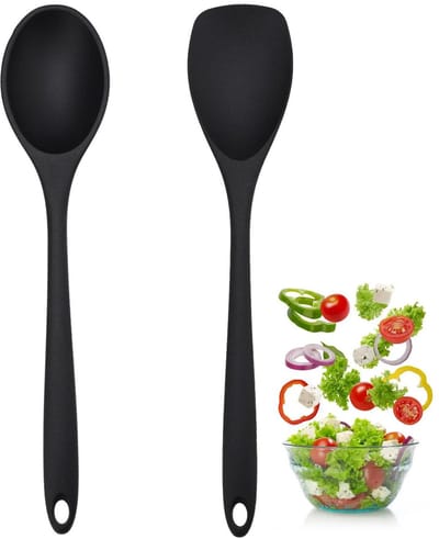 2 stuks zwarte siliconen lepels, pollepel, lange handgreep, siliconen kooklepels, anti-aanbaklepel, kookgerei, siliconen mixlepel, keukengerei set voor keuken, camping, eten, koken, roeren, bakken
