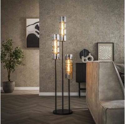 Vloerlamp 3L met Getrapt Cylinder Glas in Artic Zwart - 32x32x155 cm - Moderne Sfeerverlichting - Stijlvolle Woonkamer Lamp - Hoogwaardig Design - Elegante Zwarte Afwerking - Ideaal voor Diverse Interieurs - Verlichtingsoplossing tot 155 cm Hoog
