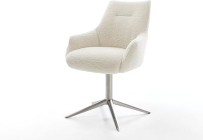 Eetkamerstoel Alja-Flex met armleuning kruispoot roestvrij staal teddy beige 360° draaibaar rocker-functie pocketveer kern
