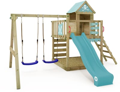 Wickey Smart Cave Speeltoestel - Dubbele schommel met Glijbaan en Speelhuisje - Klimwand & Zandbak - 339x436x265 cm - Pastelblauw