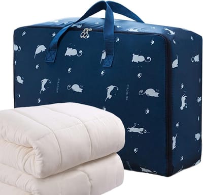 Dekbed Opbergtas - Beddengoed Opbergzak - Ruimte Besparen - Dubbele Rits Opening - 55x33x20cm - Marineblauwe Kat