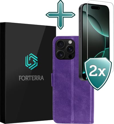 Hoesje Met 2x Screenprotector - Geschikt voor Apple iPhone 16 Pro - Luxe Pasjeshouder - Flip Case - Bookcase Portemonee - Kunstleer Book Case - Flipcase Hoes - Book Cover - Walletcase - Portemonneehoes - Paars