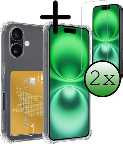 Hoesje Geschikt voor Apple iPhone 16 - Met 2x Screenprotector - Pashouder - Kaarthouder - Telefoon Hoes Shockproof - Siliconen Case - Back Cover - Shock Proof - Pasjes Houder - Transparant