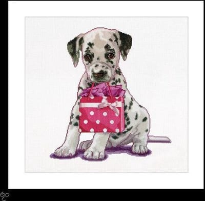 Thea Gouverneur - Borduurpakket met telpatroon - 737A - Voorgesorteerde DMC Garens - Puppy Went Shopping - Aida - 31 cm x 30 cm - DIY Kit