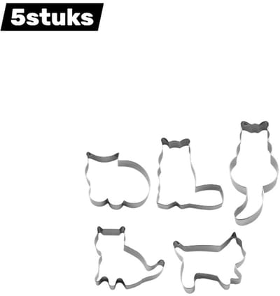 5 stuks- Bakbenodigdheden - RVS - Katten Koekjesvormen - Uitsteekvormpjes voor Boterdeeg en Fondant - Schattige Dieren Print - Baksets - bak accessoires - zilver