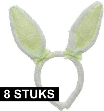 8x Wit/groene Paashaas oren verkleed diademen voor kids/volwassenen - Pasen/Paasviering - Verkleedaccessoires - Feestartikelen