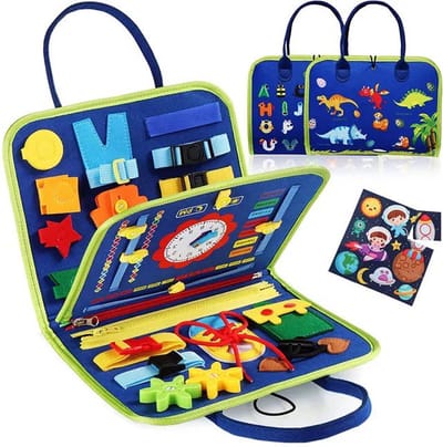 EverToys Busy Board - 4-delige vaardigheden - Klok lezen - Montessori - Motoriek Map voor Thuis en Onderweg - Leren Veter Strikken - Activiteitenbord - 25 Zelfkleden Vaardigheden Kinderen - Educatief Spel - Blauw