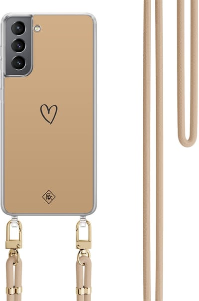 Casimoda® hoesje met beige koord - Geschikt voor Samsung S21 Plus - Hart Bruin - Afneembaar koord - TPU/polycarbonaat - Bruin/beige