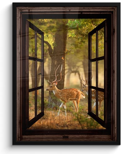 Poster in lijst - Fotolijst 50x70 cm - Posters - Herten - Bos - Herfst - Bosdieren - Natuur - Hert - Doorkijk - Posterlijst zwart - Decoratie - Wanddecoratie woonkamer - Muurdecoratie slaapkamer