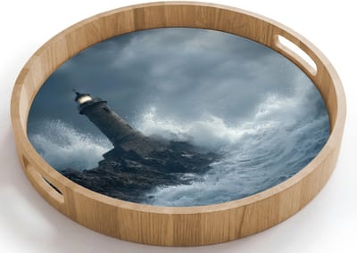 Dienblad rond 40x40 cm - Schootdienblad hout - Rotsen - Vuurtoren - Golven - Klliffen - Borrelplank rechthoek - Plateau houten dienbladen