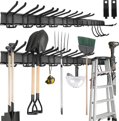 Gereedschapshouder Wand - Tuingereedschap Ophangsysteem - Gereedschapsrekset - Bezemhouder - 14 Haken & 2 Riemen - Verstelbaar - Zwart